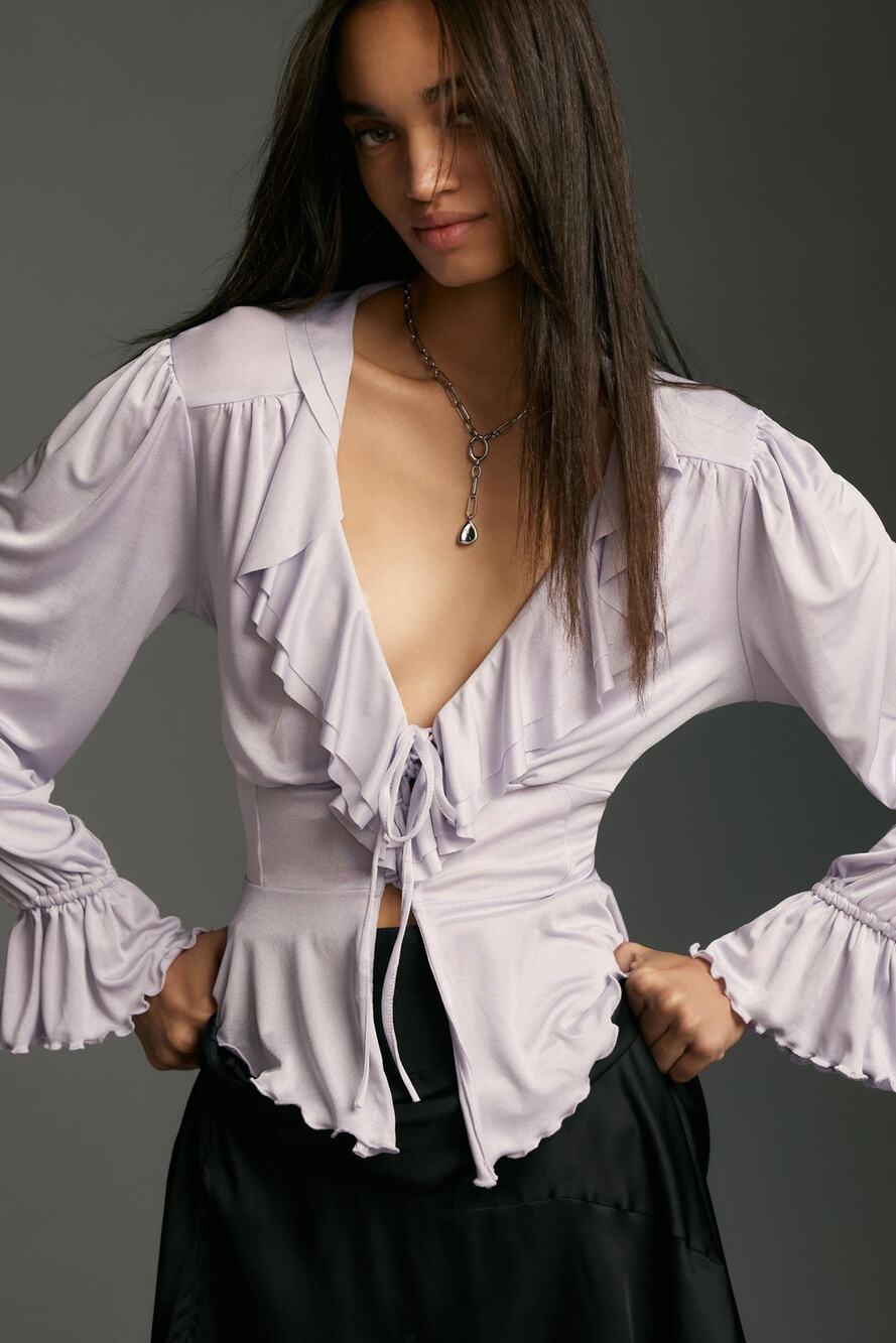 Anthropologie Long-Sleeve Ruffled Tie-Front Top - New Large
